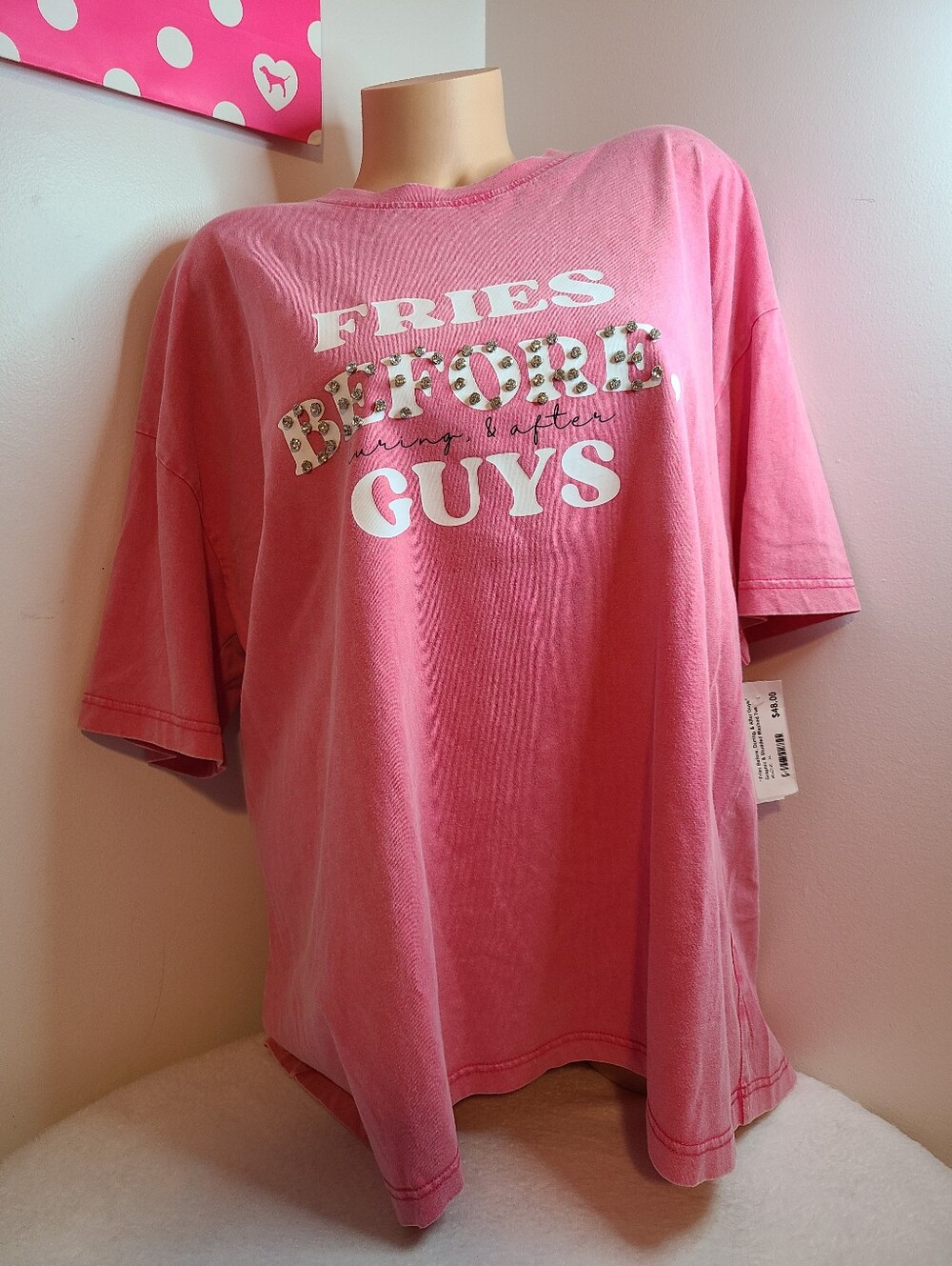 Fries Before Guys Rhinestone Studded Washed Graphic Tee Size Women's XL